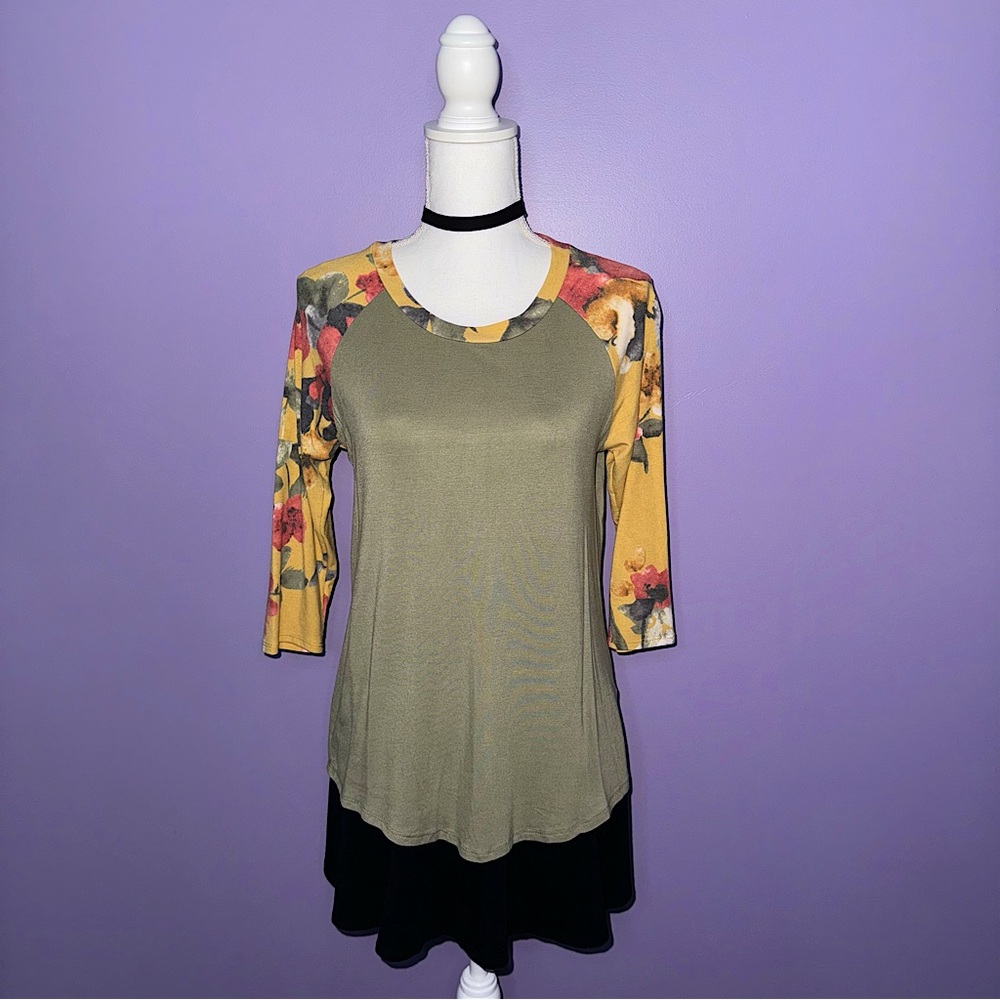 NEW Chris & Carol Olive Green Floral Sleeved Baseball Shirt